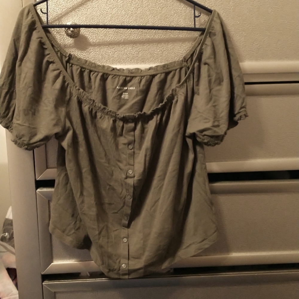 Army green colored off the shoulder short sleeve blouse